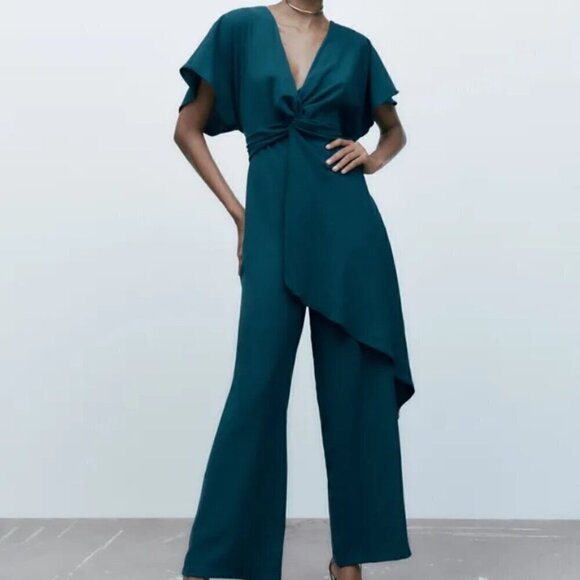 Zara Pants - NWT Zara Teal Cross Ruffled Jumpsuit, Size XS